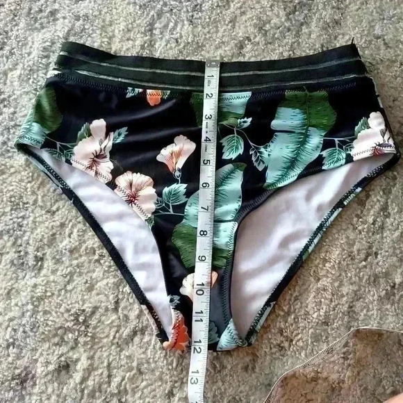 Shein Womens Black Floral 2 Piece One Shoulder Swimsuit L - Picture 9 of 16